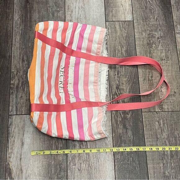Victoria’s Secret Large Striped Lined Canvas Beach Tote Pink Orange White Gold - Picture 9 of 12